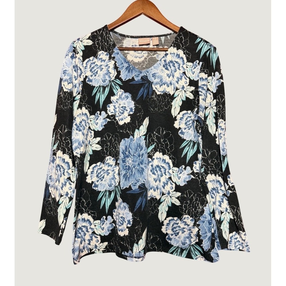 Chicos Floral V-Neck Top Women 2 Black Blue Peony Long Sleeve Excellent Floral